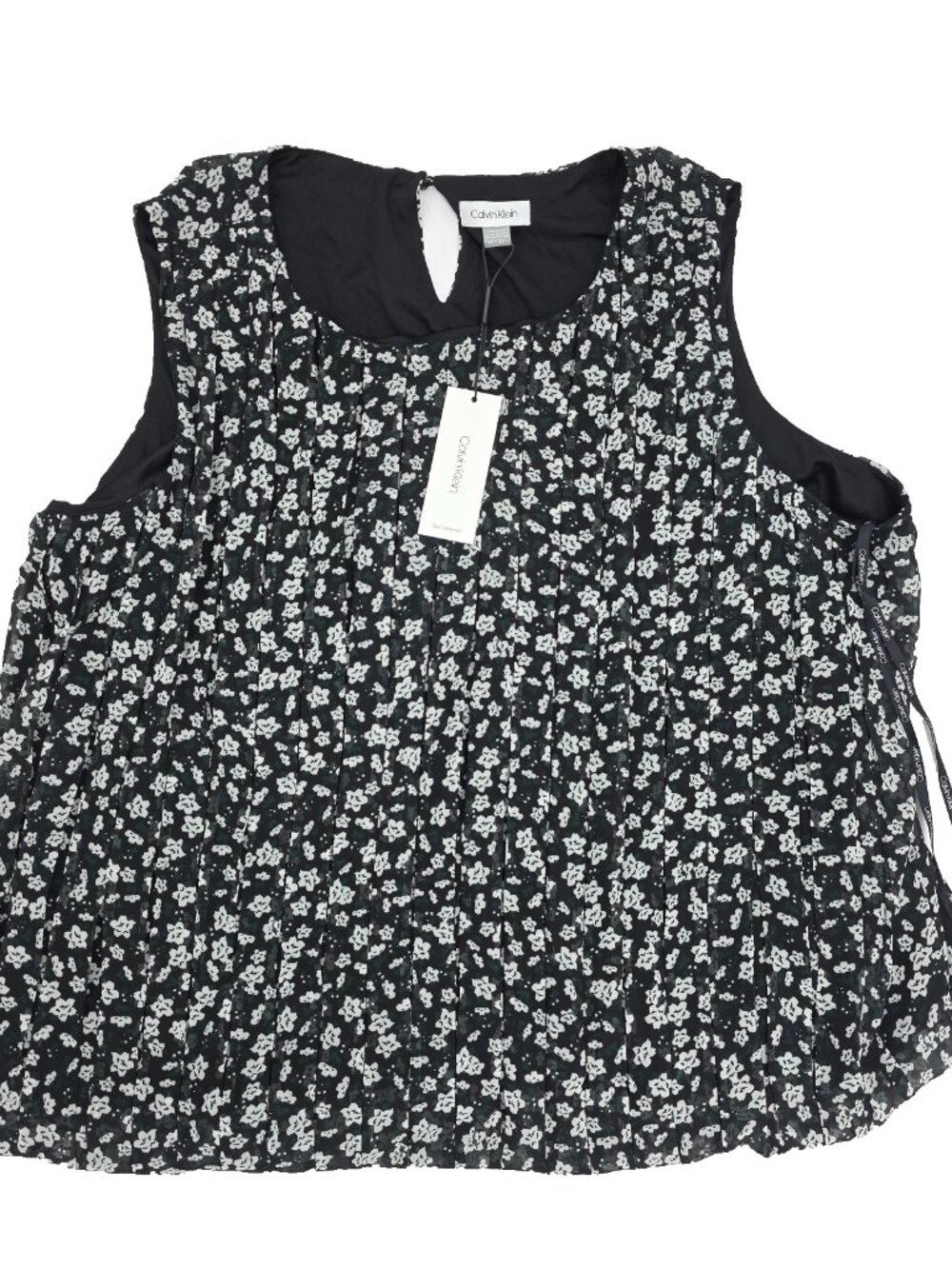 Calvin Klein Blouse Top Womens 2X Black White Pleated Sleeveless Floral Print